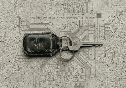 > A single car key with a worn leather fob lies on a plain concrete surface. Around it, faint data strings and subtle grid lines are etched directly into the concrete like engravings — barely visible, as if the surface itself holds information. No screens, no glowing interfaces, no dramatic lighting. The mood is understated and documentary. Natural overcast daylight, shot from directly above. Square format 1:1 aspect ratio, output as JPEG at high quality, file size under 1MB.
