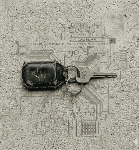> A single car key with a worn leather fob lies on a plain concrete surface. Around it, faint data strings and subtle grid lines are etched directly into the concrete like engravings — barely visible, as if the surface itself holds information. No screens, no glowing interfaces, no dramatic lighting. The mood is understated and documentary. Natural overcast daylight, shot from directly above. Square format 1:1 aspect ratio, output as JPEG at high quality, file size under 1MB.