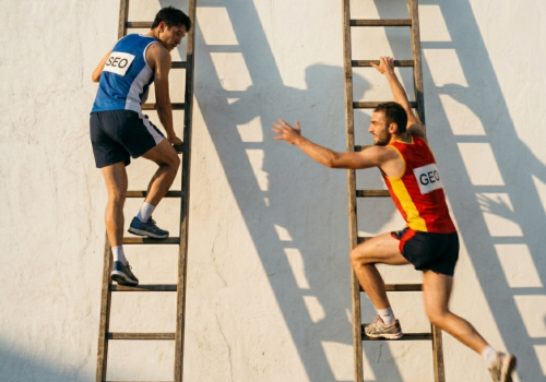 Notiert. Two athletes mid-race, both climbing separate tall ladders leaning against a white wall. The left climber, labeled "SEO" on their jersey, is near the top but visibly slowing down. The right climber, labeled "GEO" on their jersey, is several rungs below but lunging upward with visible effort and speed — one arm outstretched reaching for the next rung. Dynamic action photography style, motion blur on the GEO climber, dramatic side lighting, strong shadows. Realistic, energetic, cinematic. Square format 1:1 aspect ratio, output as PNG, file size under 1MB.