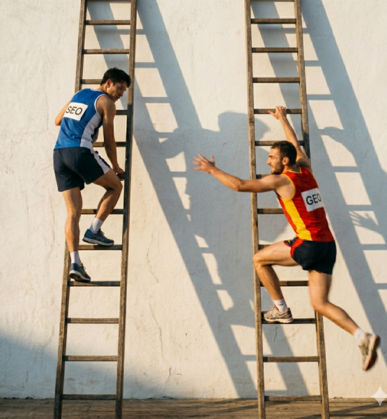 Notiert. Two athletes mid-race, both climbing separate tall ladders leaning against a white wall. The left climber, labeled "SEO" on their jersey, is near the top but visibly slowing down. The right climber, labeled "GEO" on their jersey, is several rungs below but lunging upward with visible effort and speed — one arm outstretched reaching for the next rung. Dynamic action photography style, motion blur on the GEO climber, dramatic side lighting, strong shadows. Realistic, energetic, cinematic. Square format 1:1 aspect ratio, output as PNG, file size under 1MB.