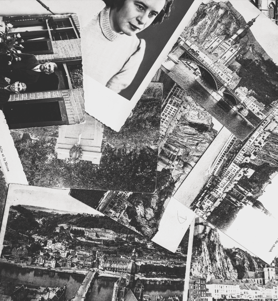 Schwarz-weiße Collage aus historischen Ansichtskarten und Fotografien, teilweise schräg und überlappend angeordnet. Zu sehen sind Stadtansichten von Dinant (Belgien) mit Zitadelle, Fluss Maas und Kirche, ein Hochzeitspaar vor einem Haus sowie ein Porträt einer jungen Frau im Pullover.