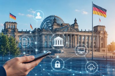 Moderne Illustration zur Digitalisierung der öffentlichen Verwaltung in Deutschland: Vor dem Reichstagsgebäude in Berlin hält eine Person ein Smartphone in der Hand. Darüber sind digitale Netzwerke und Symbole für Verwaltung, Dokumente, IT, Datenschutz und Cloud-Dienste eingeblendet.
