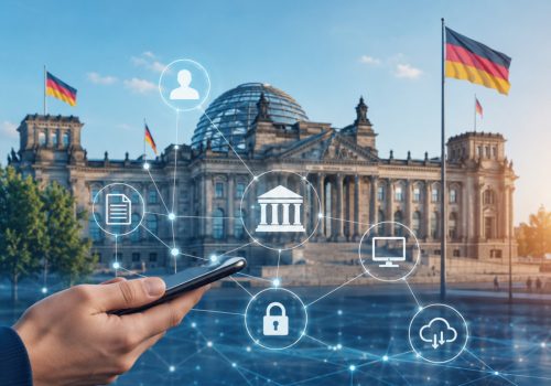 Moderne Illustration zur Digitalisierung der öffentlichen Verwaltung in Deutschland: Vor dem Reichstagsgebäude in Berlin hält eine Person ein Smartphone in der Hand. Darüber sind digitale Netzwerke und Symbole für Verwaltung, Dokumente, IT, Datenschutz und Cloud-Dienste eingeblendet.