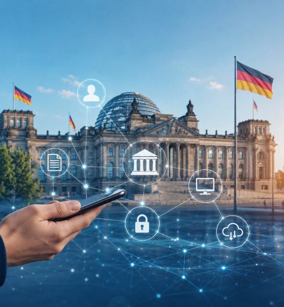 Moderne Illustration zur Digitalisierung der öffentlichen Verwaltung in Deutschland: Vor dem Reichstagsgebäude in Berlin hält eine Person ein Smartphone in der Hand. Darüber sind digitale Netzwerke und Symbole für Verwaltung, Dokumente, IT, Datenschutz und Cloud-Dienste eingeblendet.