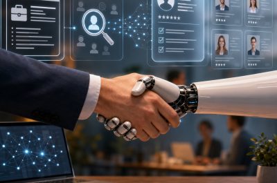 Mensch und Roboter reichen sich in einem modernen Büro die Hand, während digitale Bewerberprofile und KI-gestützte Recruiting-Daten als holografische Oberflächen im Hintergrund sichtbar sind. Symbolbild für den Einsatz von künstlicher Intelligenz in der Personalgewinnung.