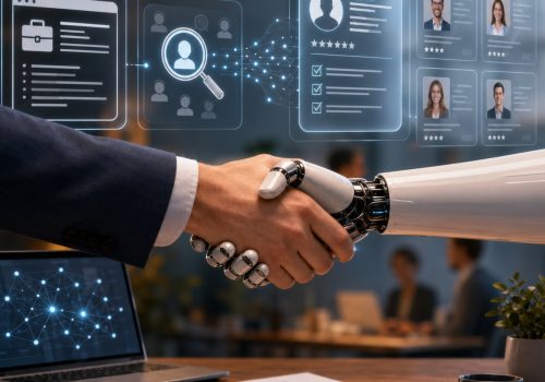 Mensch und Roboter reichen sich in einem modernen Büro die Hand, während digitale Bewerberprofile und KI-gestützte Recruiting-Daten als holografische Oberflächen im Hintergrund sichtbar sind. Symbolbild für den Einsatz von künstlicher Intelligenz in der Personalgewinnung.