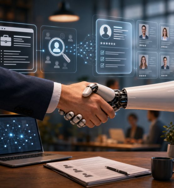 Mensch und Roboter reichen sich in einem modernen Büro die Hand, während digitale Bewerberprofile und KI-gestützte Recruiting-Daten als holografische Oberflächen im Hintergrund sichtbar sind. Symbolbild für den Einsatz von künstlicher Intelligenz in der Personalgewinnung.