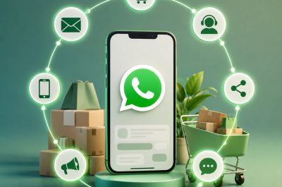 D-Illustration eines Smartphones mit WhatsApp-Symbol im Mittelpunkt einer vernetzten E-Commerce-Umgebung. Um das Smartphone sind über leuchtende Verbindungen verschiedene Kommunikations- und Verkaufskanäle angeordnet, darunter E-Mail, Kundenservice, Social Sharing, Chat, Marketing und Online-Shop.