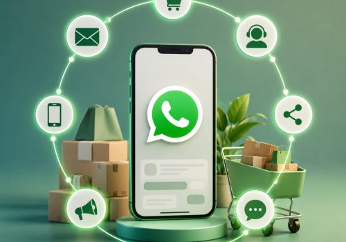 D-Illustration eines Smartphones mit WhatsApp-Symbol im Mittelpunkt einer vernetzten E-Commerce-Umgebung. Um das Smartphone sind über leuchtende Verbindungen verschiedene Kommunikations- und Verkaufskanäle angeordnet, darunter E-Mail, Kundenservice, Social Sharing, Chat, Marketing und Online-Shop.