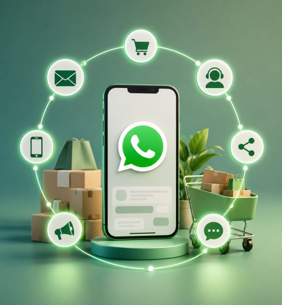 D-Illustration eines Smartphones mit WhatsApp-Symbol im Mittelpunkt einer vernetzten E-Commerce-Umgebung. Um das Smartphone sind über leuchtende Verbindungen verschiedene Kommunikations- und Verkaufskanäle angeordnet, darunter E-Mail, Kundenservice, Social Sharing, Chat, Marketing und Online-Shop.