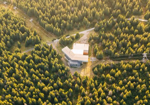Ein Rechenzentrum im Wald, umgeben von Bäumen