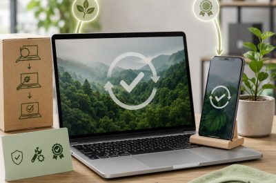 Generalüberholter Laptop und Smartphone in einer modernen Büroumgebung, umgeben von Symbolen für Kreislaufwirtschaft, Qualitätssicherung und Nachhaltigkeit. Die Darstellung verdeutlicht die Wiederaufbereitung von IT-Geräten als wirtschaftliche und umweltfreundliche Alternative zu Neuware.