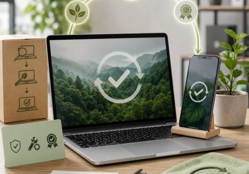 Generalüberholter Laptop und Smartphone in einer modernen Büroumgebung, umgeben von Symbolen für Kreislaufwirtschaft, Qualitätssicherung und Nachhaltigkeit. Die Darstellung verdeutlicht die Wiederaufbereitung von IT-Geräten als wirtschaftliche und umweltfreundliche Alternative zu Neuware.