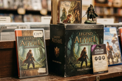 > A store shelf displaying two versions of the same game side by side: a slim standard edition case on the left, and a bulky deluxe edition box on the right stuffed with extras — an art book poking out, a figurine on top, a DLC card leaning against it. A small handwritten price tag hangs from each. The shelf is slightly dusty, the lighting is warm and practical like a real game store. No logos, no brand names visible. Photographic style. Square format 1:1 aspect ratio, output as JPEG, file size under 1MB.