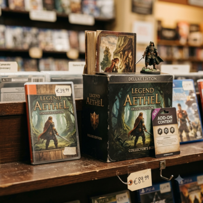 > A store shelf displaying two versions of the same game side by side: a slim standard edition case on the left, and a bulky deluxe edition box on the right stuffed with extras — an art book poking out, a figurine on top, a DLC card leaning against it. A small handwritten price tag hangs from each. The shelf is slightly dusty, the lighting is warm and practical like a real game store. No logos, no brand names visible. Photographic style. Square format 1:1 aspect ratio, output as JPEG, file size under 1MB.