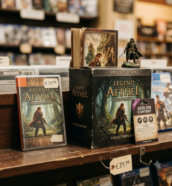 > A store shelf displaying two versions of the same game side by side: a slim standard edition case on the left, and a bulky deluxe edition box on the right stuffed with extras — an art book poking out, a figurine on top, a DLC card leaning against it. A small handwritten price tag hangs from each. The shelf is slightly dusty, the lighting is warm and practical like a real game store. No logos, no brand names visible. Photographic style. Square format 1:1 aspect ratio, output as JPEG, file size under 1MB.