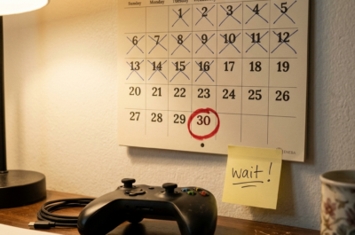 A physical wall calendar pinned to a wall, one date circled in red marker thirty days ahead. In the foreground on a desk, a game controller lies untouched next to a small handwritten sticky note that reads "wait". Warm ambient room lighting, slightly lived-in home setup, no screens visible. Photographic style, calm and deliberate mood. Square format 1:1 aspect ratio, output as JPEG, file size under 1MB.