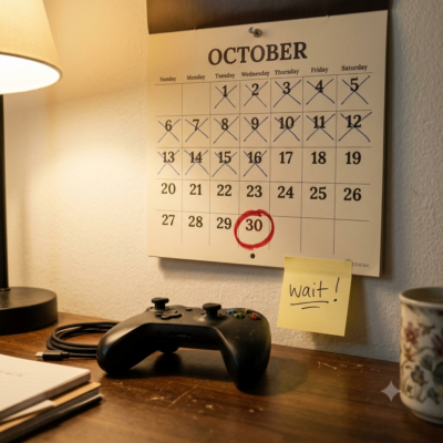 A physical wall calendar pinned to a wall, one date circled in red marker thirty days ahead. In the foreground on a desk, a game controller lies untouched next to a small handwritten sticky note that reads "wait". Warm ambient room lighting, slightly lived-in home setup, no screens visible. Photographic style, calm and deliberate mood. Square format 1:1 aspect ratio, output as JPEG, file size under 1MB.