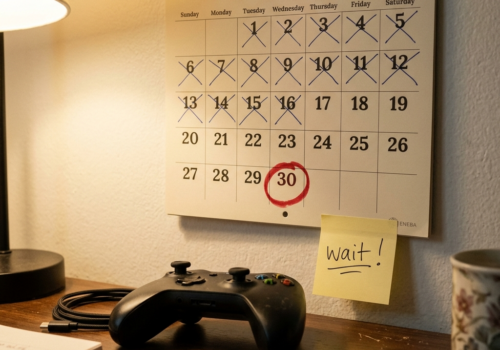 A physical wall calendar pinned to a wall, one date circled in red marker thirty days ahead. In the foreground on a desk, a game controller lies untouched next to a small handwritten sticky note that reads "wait". Warm ambient room lighting, slightly lived-in home setup, no screens visible. Photographic style, calm and deliberate mood. Square format 1:1 aspect ratio, output as JPEG, file size under 1MB.