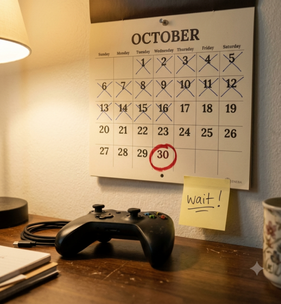A physical wall calendar pinned to a wall, one date circled in red marker thirty days ahead. In the foreground on a desk, a game controller lies untouched next to a small handwritten sticky note that reads "wait". Warm ambient room lighting, slightly lived-in home setup, no screens visible. Photographic style, calm and deliberate mood. Square format 1:1 aspect ratio, output as JPEG, file size under 1MB.