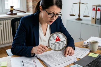 **Gemini-Prompt für ein Beitragsbild (1:1, JPEG, A realistic and professional business illustration showing a small online business owner sitting at a desk, looking concerned while reviewing terms and conditions documents. In the foreground, a magnifying glass highlights a contract clause marked with a red warning symbol. Around the desk are scattered legal documents, AGB pages, checklists, and compliance notes. In the background, subtle visual elements represent legal scrutiny: a judge's gavel, scales of justice, and red warning markers on contract text. The atmosphere should communicate legal risk, contract mistakes, and business vulnerability without appearing dramatic or threatening. Clean modern office environment, realistic photography style, natural lighting, sharp details, professional editorial look suitable for a business magazine article. No text, no logos, no watermarks. Square 1:1 format, JPEG, optimized for web, file size under 1 MB. > > **Visual focus:** The contrast between seemingly harmless contract templates and hidden legal risks. Emphasize scrutiny, transparency, compliance, and contract review rather than lawsuits or courtrooms. Color palette: neutral business tones with subtle red warning accents. Photorealistic, high-quality editorial photography.