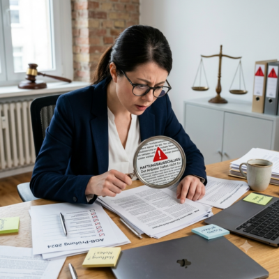 **Gemini-Prompt für ein Beitragsbild (1:1, JPEG, A realistic and professional business illustration showing a small online business owner sitting at a desk, looking concerned while reviewing terms and conditions documents. In the foreground, a magnifying glass highlights a contract clause marked with a red warning symbol. Around the desk are scattered legal documents, AGB pages, checklists, and compliance notes. In the background, subtle visual elements represent legal scrutiny: a judge's gavel, scales of justice, and red warning markers on contract text. The atmosphere should communicate legal risk, contract mistakes, and business vulnerability without appearing dramatic or threatening. Clean modern office environment, realistic photography style, natural lighting, sharp details, professional editorial look suitable for a business magazine article. No text, no logos, no watermarks. Square 1:1 format, JPEG, optimized for web, file size under 1 MB. > > **Visual focus:** The contrast between seemingly harmless contract templates and hidden legal risks. Emphasize scrutiny, transparency, compliance, and contract review rather than lawsuits or courtrooms. Color palette: neutral business tones with subtle red warning accents. Photorealistic, high-quality editorial photography.