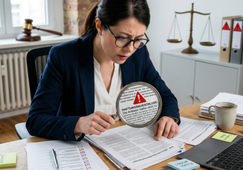 **Gemini-Prompt für ein Beitragsbild (1:1, JPEG, A realistic and professional business illustration showing a small online business owner sitting at a desk, looking concerned while reviewing terms and conditions documents. In the foreground, a magnifying glass highlights a contract clause marked with a red warning symbol. Around the desk are scattered legal documents, AGB pages, checklists, and compliance notes. In the background, subtle visual elements represent legal scrutiny: a judge's gavel, scales of justice, and red warning markers on contract text. The atmosphere should communicate legal risk, contract mistakes, and business vulnerability without appearing dramatic or threatening. Clean modern office environment, realistic photography style, natural lighting, sharp details, professional editorial look suitable for a business magazine article. No text, no logos, no watermarks. Square 1:1 format, JPEG, optimized for web, file size under 1 MB. > > **Visual focus:** The contrast between seemingly harmless contract templates and hidden legal risks. Emphasize scrutiny, transparency, compliance, and contract review rather than lawsuits or courtrooms. Color palette: neutral business tones with subtle red warning accents. Photorealistic, high-quality editorial photography.