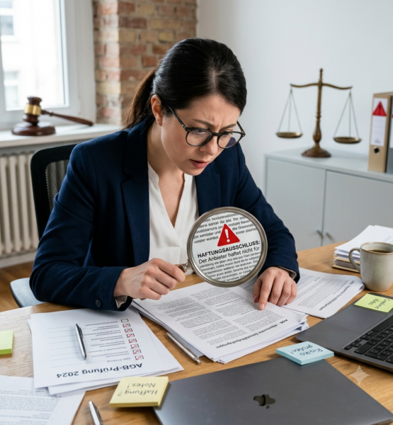 **Gemini-Prompt für ein Beitragsbild (1:1, JPEG, A realistic and professional business illustration showing a small online business owner sitting at a desk, looking concerned while reviewing terms and conditions documents. In the foreground, a magnifying glass highlights a contract clause marked with a red warning symbol. Around the desk are scattered legal documents, AGB pages, checklists, and compliance notes. In the background, subtle visual elements represent legal scrutiny: a judge's gavel, scales of justice, and red warning markers on contract text. The atmosphere should communicate legal risk, contract mistakes, and business vulnerability without appearing dramatic or threatening. Clean modern office environment, realistic photography style, natural lighting, sharp details, professional editorial look suitable for a business magazine article. No text, no logos, no watermarks. Square 1:1 format, JPEG, optimized for web, file size under 1 MB. > > **Visual focus:** The contrast between seemingly harmless contract templates and hidden legal risks. Emphasize scrutiny, transparency, compliance, and contract review rather than lawsuits or courtrooms. Color palette: neutral business tones with subtle red warning accents. Photorealistic, high-quality editorial photography.
