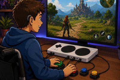 Comic-Illustration eines Rollstuhlfahrers beim Spielen eines Fantasy-Rollenspiels. Vor ihm befinden sich mehrere kleine adaptive Eingabeschalter, die mit einem Adaptive Controller verbunden sind und eine barrierefreie Steuerung ermöglichen.