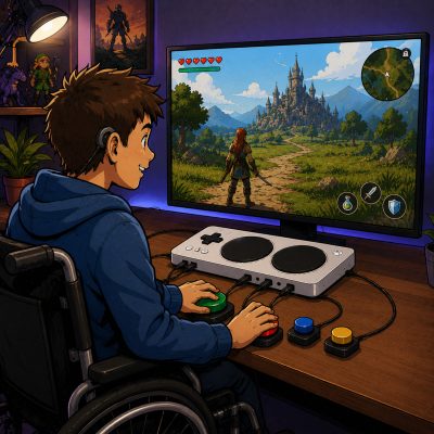 Comic-Illustration eines Rollstuhlfahrers beim Spielen eines Fantasy-Rollenspiels. Vor ihm befinden sich mehrere kleine adaptive Eingabeschalter, die mit einem Adaptive Controller verbunden sind und eine barrierefreie Steuerung ermöglichen.