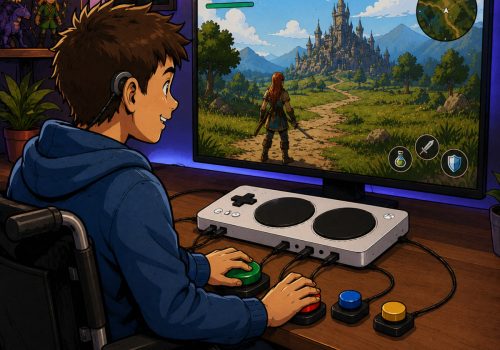 Comic-Illustration eines Rollstuhlfahrers beim Spielen eines Fantasy-Rollenspiels. Vor ihm befinden sich mehrere kleine adaptive Eingabeschalter, die mit einem Adaptive Controller verbunden sind und eine barrierefreie Steuerung ermöglichen.