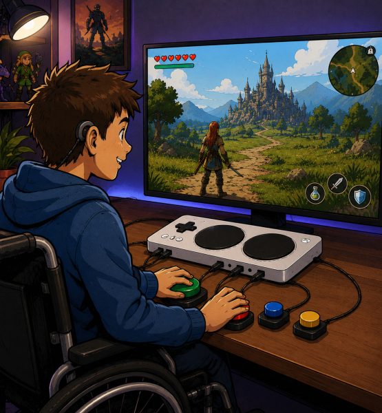 Comic-Illustration eines Rollstuhlfahrers beim Spielen eines Fantasy-Rollenspiels. Vor ihm befinden sich mehrere kleine adaptive Eingabeschalter, die mit einem Adaptive Controller verbunden sind und eine barrierefreie Steuerung ermöglichen.
