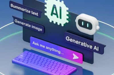Isometrische 3D-Illustration zum Thema Generative KI auf blauem Hintergrund. Zentral ein dunkles Interface-Panel mit einem mintfarbenen Chip-Symbol mit der Aufschrift „AI" sowie einem weißen Roboter-Icon. Links zwei lila Beschriftungsfelder: „Summarize text" und „Generate image". Darunter ein Eingabefeld mit dem Text „Ask me anything…" und einem pinken Pfeil-Button sowie der Beschriftung „Generative AI". Im Vordergrund eine lila-pink verlaufende Tastatur, alles umrahmt von einem leuchtenden weißen Kreis.