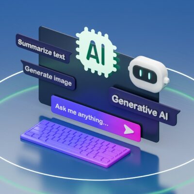 Isometrische 3D-Illustration zum Thema Generative KI auf blauem Hintergrund. Zentral ein dunkles Interface-Panel mit einem mintfarbenen Chip-Symbol mit der Aufschrift „AI" sowie einem weißen Roboter-Icon. Links zwei lila Beschriftungsfelder: „Summarize text" und „Generate image". Darunter ein Eingabefeld mit dem Text „Ask me anything…" und einem pinken Pfeil-Button sowie der Beschriftung „Generative AI". Im Vordergrund eine lila-pink verlaufende Tastatur, alles umrahmt von einem leuchtenden weißen Kreis.