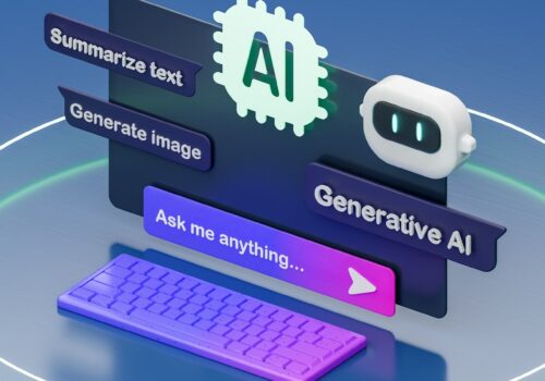 Isometrische 3D-Illustration zum Thema Generative KI auf blauem Hintergrund. Zentral ein dunkles Interface-Panel mit einem mintfarbenen Chip-Symbol mit der Aufschrift „AI" sowie einem weißen Roboter-Icon. Links zwei lila Beschriftungsfelder: „Summarize text" und „Generate image". Darunter ein Eingabefeld mit dem Text „Ask me anything…" und einem pinken Pfeil-Button sowie der Beschriftung „Generative AI". Im Vordergrund eine lila-pink verlaufende Tastatur, alles umrahmt von einem leuchtenden weißen Kreis.