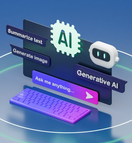 Isometrische 3D-Illustration zum Thema Generative KI auf blauem Hintergrund. Zentral ein dunkles Interface-Panel mit einem mintfarbenen Chip-Symbol mit der Aufschrift „AI" sowie einem weißen Roboter-Icon. Links zwei lila Beschriftungsfelder: „Summarize text" und „Generate image". Darunter ein Eingabefeld mit dem Text „Ask me anything…" und einem pinken Pfeil-Button sowie der Beschriftung „Generative AI". Im Vordergrund eine lila-pink verlaufende Tastatur, alles umrahmt von einem leuchtenden weißen Kreis.