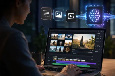 Eine Person arbeitet an einem Laptop mit einer Videobearbeitungssoftware in einer modernen, abgedunkelten Büroumgebung. Über dem Bildschirm visualisieren Symbole für Text, Bild und Video einen KI-gestützten Verarbeitungsprozess, der in eine fertige Videosequenz mit einer joggenden Frau in einer Berglandschaft übergeht.