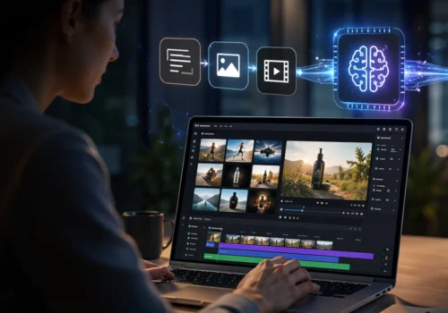 Eine Person arbeitet an einem Laptop mit einer Videobearbeitungssoftware in einer modernen, abgedunkelten Büroumgebung. Über dem Bildschirm visualisieren Symbole für Text, Bild und Video einen KI-gestützten Verarbeitungsprozess, der in eine fertige Videosequenz mit einer joggenden Frau in einer Berglandschaft übergeht.