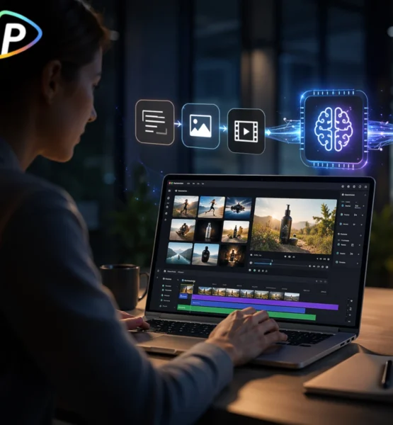 Eine Person arbeitet an einem Laptop mit einer Videobearbeitungssoftware in einer modernen, abgedunkelten Büroumgebung. Über dem Bildschirm visualisieren Symbole für Text, Bild und Video einen KI-gestützten Verarbeitungsprozess, der in eine fertige Videosequenz mit einer joggenden Frau in einer Berglandschaft übergeht.