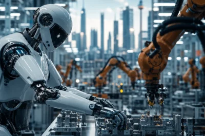 Ein humanoider Roboter montiert in einer hochmodernen Fabrik präzise Bauteile, während mehrere Industrieroboter im Hintergrund automatisierte Fertigungsprozesse ausführen. Die futuristische Produktionshalle symbolisiert den Einsatz von Physical AI in der intelligenten Industrie und den Wandel hin zu KI-gesteuerten Fertigungsprozessen.