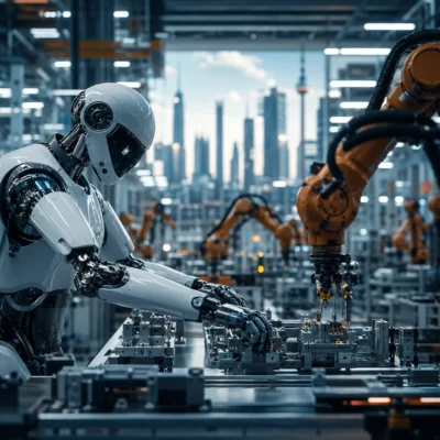 Ein humanoider Roboter montiert in einer hochmodernen Fabrik präzise Bauteile, während mehrere Industrieroboter im Hintergrund automatisierte Fertigungsprozesse ausführen. Die futuristische Produktionshalle symbolisiert den Einsatz von Physical AI in der intelligenten Industrie und den Wandel hin zu KI-gesteuerten Fertigungsprozessen.