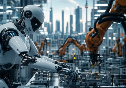 Ein humanoider Roboter montiert in einer hochmodernen Fabrik präzise Bauteile, während mehrere Industrieroboter im Hintergrund automatisierte Fertigungsprozesse ausführen. Die futuristische Produktionshalle symbolisiert den Einsatz von Physical AI in der intelligenten Industrie und den Wandel hin zu KI-gesteuerten Fertigungsprozessen.