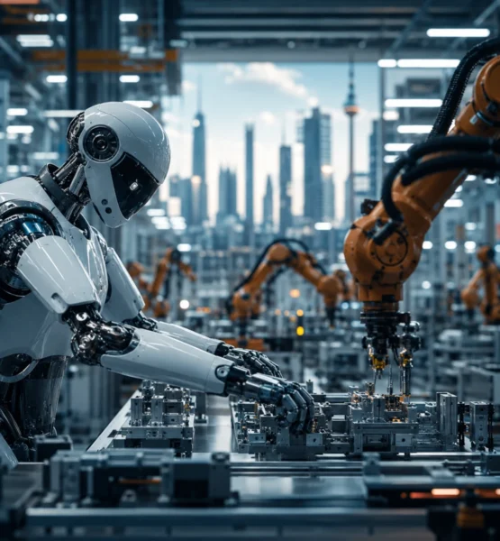 Ein humanoider Roboter montiert in einer hochmodernen Fabrik präzise Bauteile, während mehrere Industrieroboter im Hintergrund automatisierte Fertigungsprozesse ausführen. Die futuristische Produktionshalle symbolisiert den Einsatz von Physical AI in der intelligenten Industrie und den Wandel hin zu KI-gesteuerten Fertigungsprozessen.