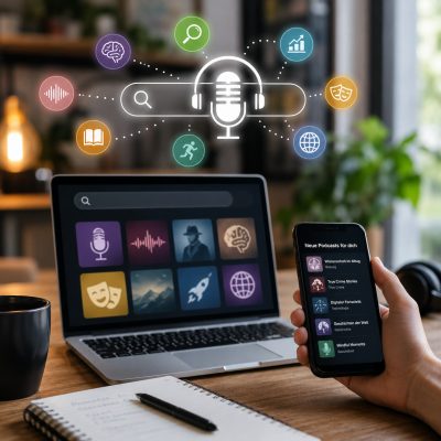 Laptop und Smartphone zeigen eine Podcast-Suche mit verschiedenen Themenkategorien, daneben liegen Kopfhörer und Notizbuch auf einem modernen Schreibtisch.