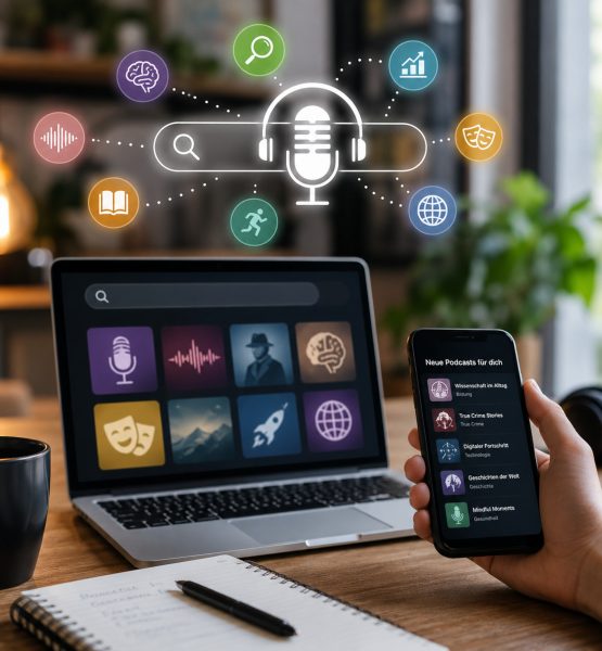 Laptop und Smartphone zeigen eine Podcast-Suche mit verschiedenen Themenkategorien, daneben liegen Kopfhörer und Notizbuch auf einem modernen Schreibtisch.