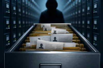 Eine geöffnete Metallschublade voller anonymisierter Personenakten steht vor einer Reihe dunkler Server- und Aktenschränke. Im Hintergrund ist schemenhaft eine vermummte Person zu erkennen.