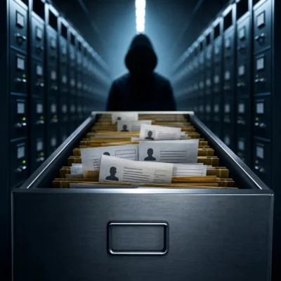 Eine geöffnete Metallschublade voller anonymisierter Personenakten steht vor einer Reihe dunkler Server- und Aktenschränke. Im Hintergrund ist schemenhaft eine vermummte Person zu erkennen.