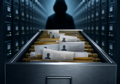 Eine geöffnete Metallschublade voller anonymisierter Personenakten steht vor einer Reihe dunkler Server- und Aktenschränke. Im Hintergrund ist schemenhaft eine vermummte Person zu erkennen.