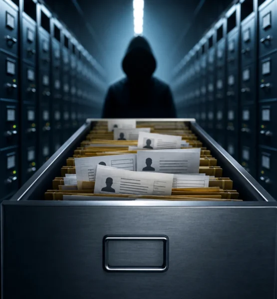 Eine geöffnete Metallschublade voller anonymisierter Personenakten steht vor einer Reihe dunkler Server- und Aktenschränke. Im Hintergrund ist schemenhaft eine vermummte Person zu erkennen.