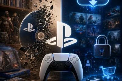 Links zerbricht eine PlayStation-Disc vor einem Regal mit Spielhüllen und Sammlerfiguren, daneben liegen geöffnete Spielehüllen mit Booklet. Rechts stehen ein PlayStation-Controller sowie leuchtende Symbole für Cloud-Downloads, digitalen Spielekauf und ein Vorhängeschloss vor einer futuristischen, blauen Oberfläche. Die Bildkomposition stellt den Kontrast zwischen klassischer Spielesammlung und digitaler Distribution ohne Textelemente dar.